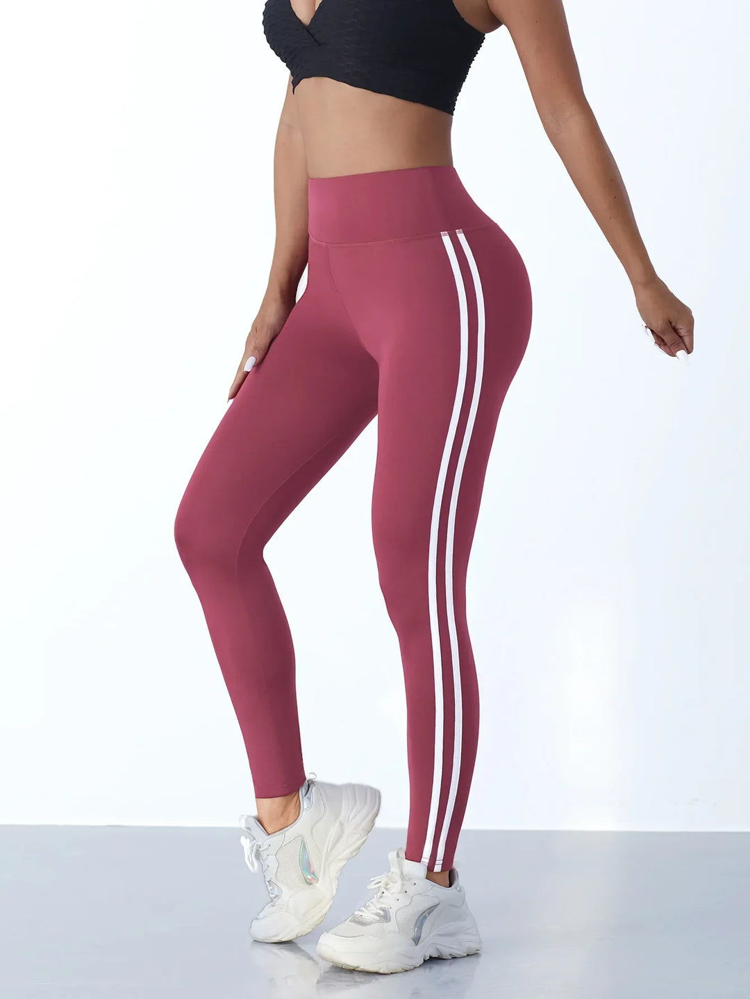 Damen Sportleggings, bordeauxrot, mit weißen Streifen, hoch tailliert, für Fitness und Yoga.