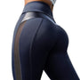 Dunkelblaue, figurformende Leggings mit Mesh-Einsätzen, hoher Taille, sportlich.