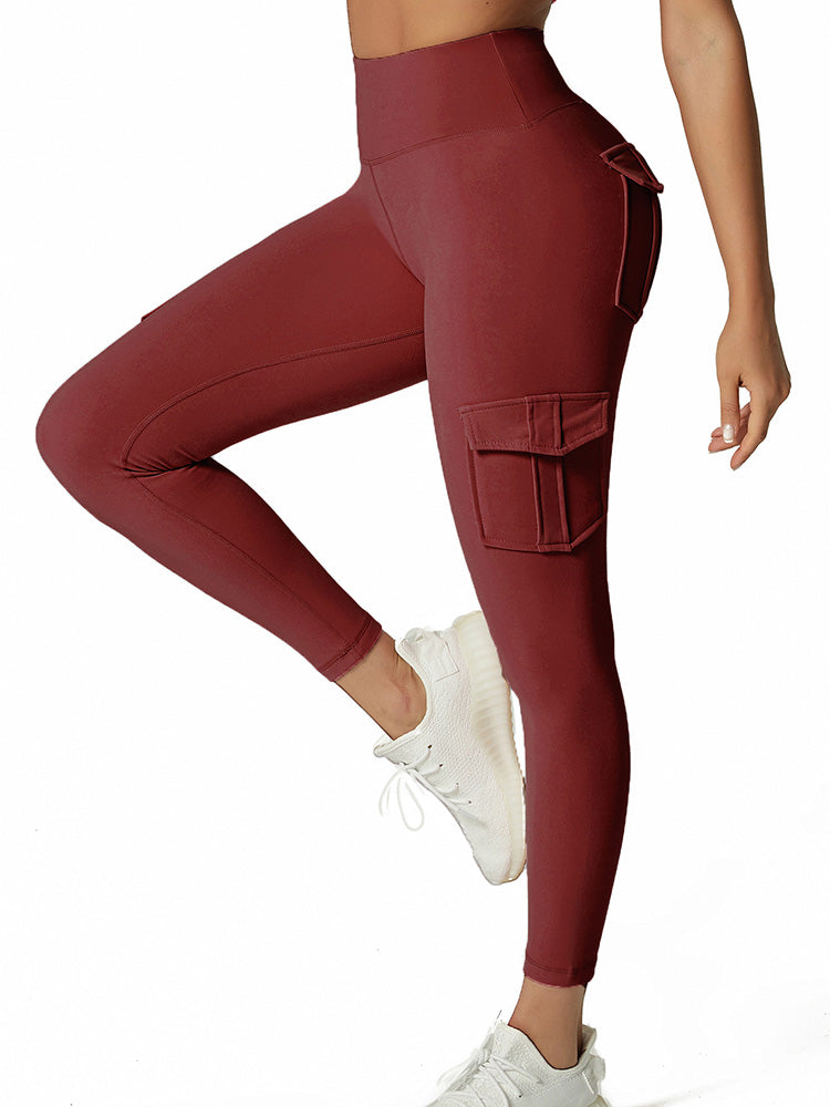 Damen Leggings mit Taschen, bordeauxrot, hohe Taille, Sportbekleidung, elastisch, bequem