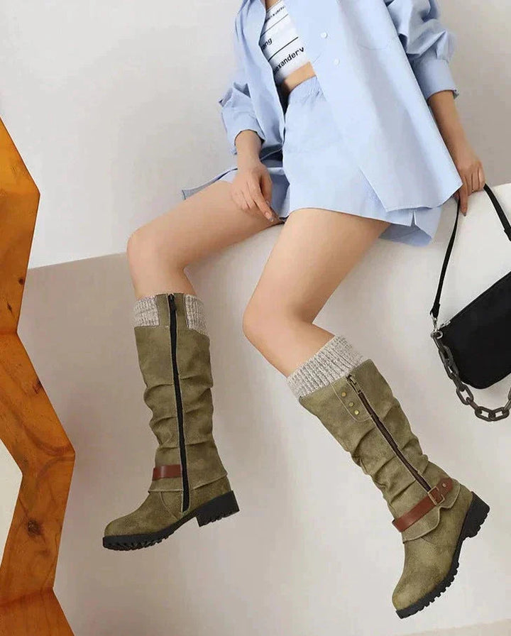 Damen Stiefel, hohe braune Lederstiefel, modisch, Herbst-Winter, mit Reißverschluss.