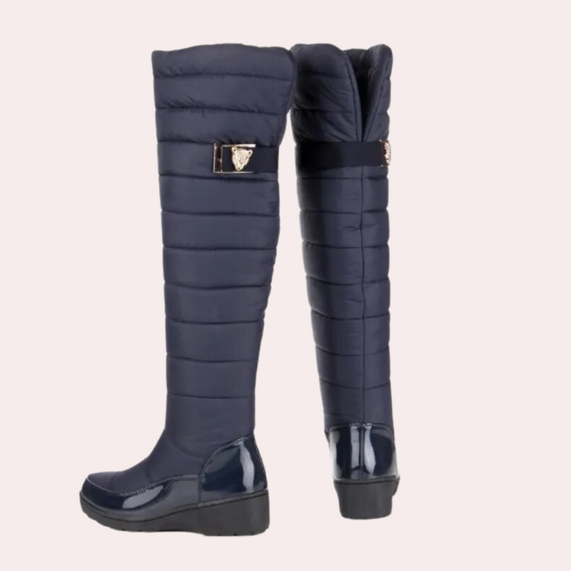 Damen Stiefel, navyblau, gesteppt, kniehoch, mit Schnalle, Wintermode, wasserdicht.