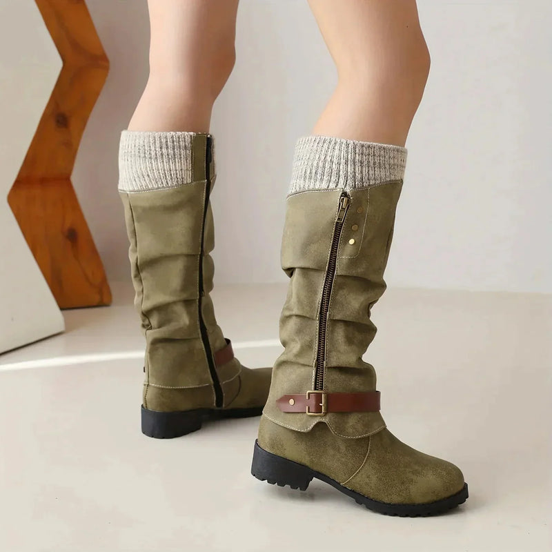 Damen Stiefel, olivgrün, Wildleder, mit Reißverschluss und Schnalle, modisch, bequem.