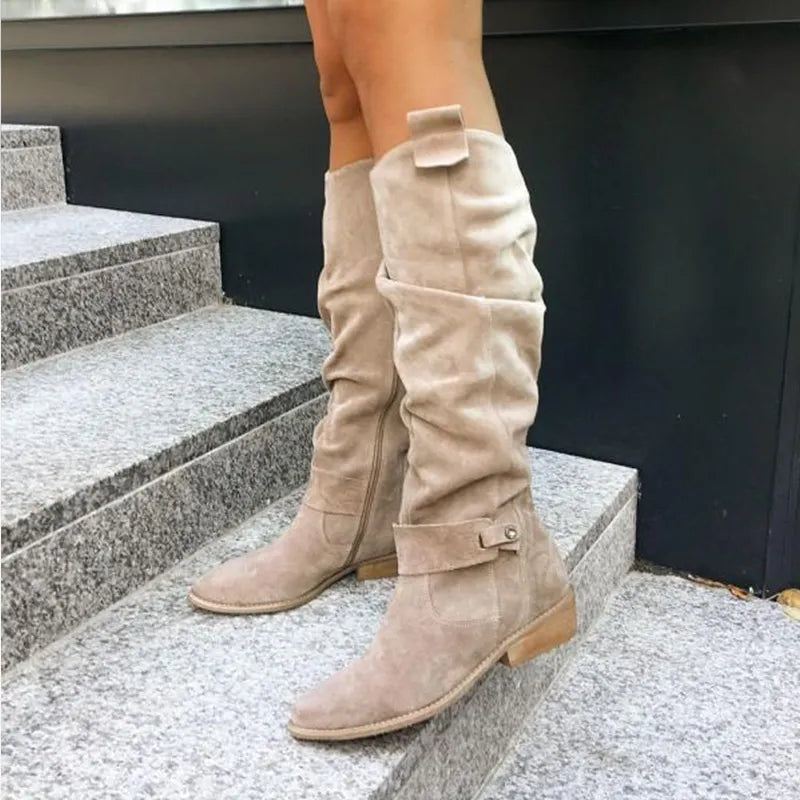 Damen Stiefel beige Wildleder, kniehoch, modisch, Herbst Winter Schuhe, rutschfeste Sohle