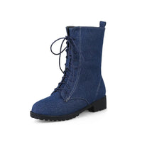 Blaue Damenstiefel aus Denim mit Schnürung, modische Herbst-Winter-Schuhe.