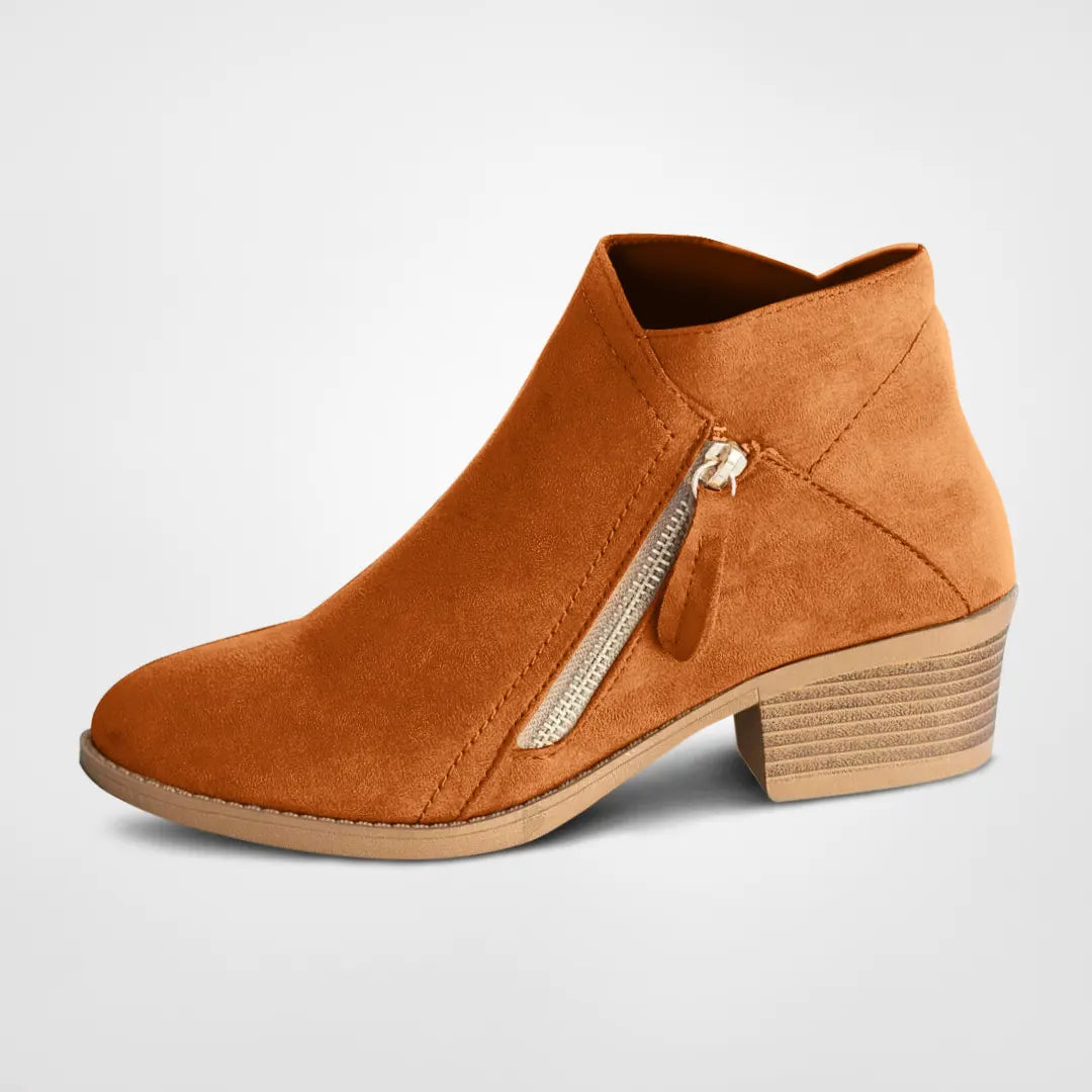 Damen Stiefelette, braun, Wildleder, Reißverschluss, Blockabsatz, modisch, bequem, Herbstmode.