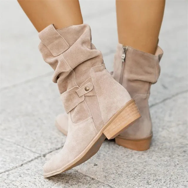 Beige Damen-Winterstiefel, niedriger Absatz, Kunst-Wildleder, lässig, Plus-Size, Reißverschluss.