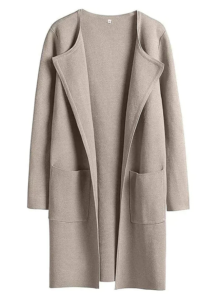Beiger Damen-Cardigan aus Wolle, offenes Design, lange Ärmel, Taschen, modisch und bequem.