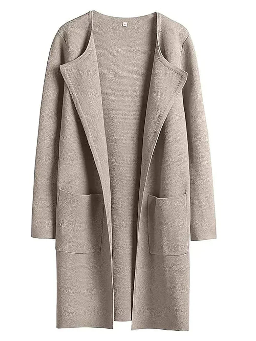 Beiger Damen-Cardigan aus Wolle, offenes Design, lange Ärmel, Taschen, modisch und warm.