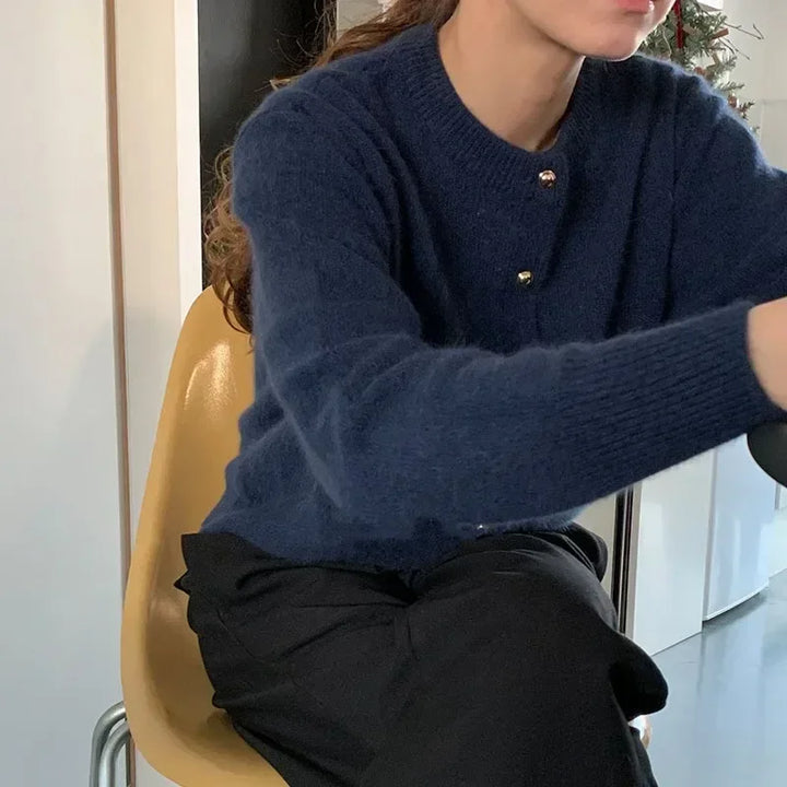 Damen Strickjacke blau, Rundhals, Knöpfe, Frühling 2023, koreanischer Stil, lässig.