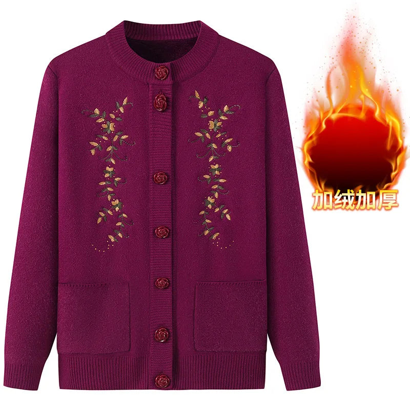 Damen Strickjacke lila, Blumenmuster, Knöpfe, warm, Herbstmode, Baumwolle, elegant