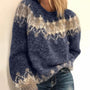 Damen Mohair Strickpullover, blau-beige Jacquard, Herbst Winter Mode, warm und stilvoll.