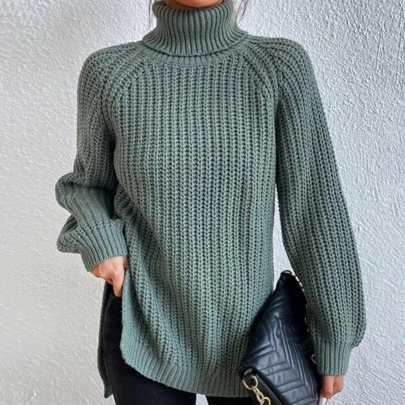 Damen Strickpullover, grün, Rollkragen, grob gestrickt, modisch, warm, Herbstmode.
