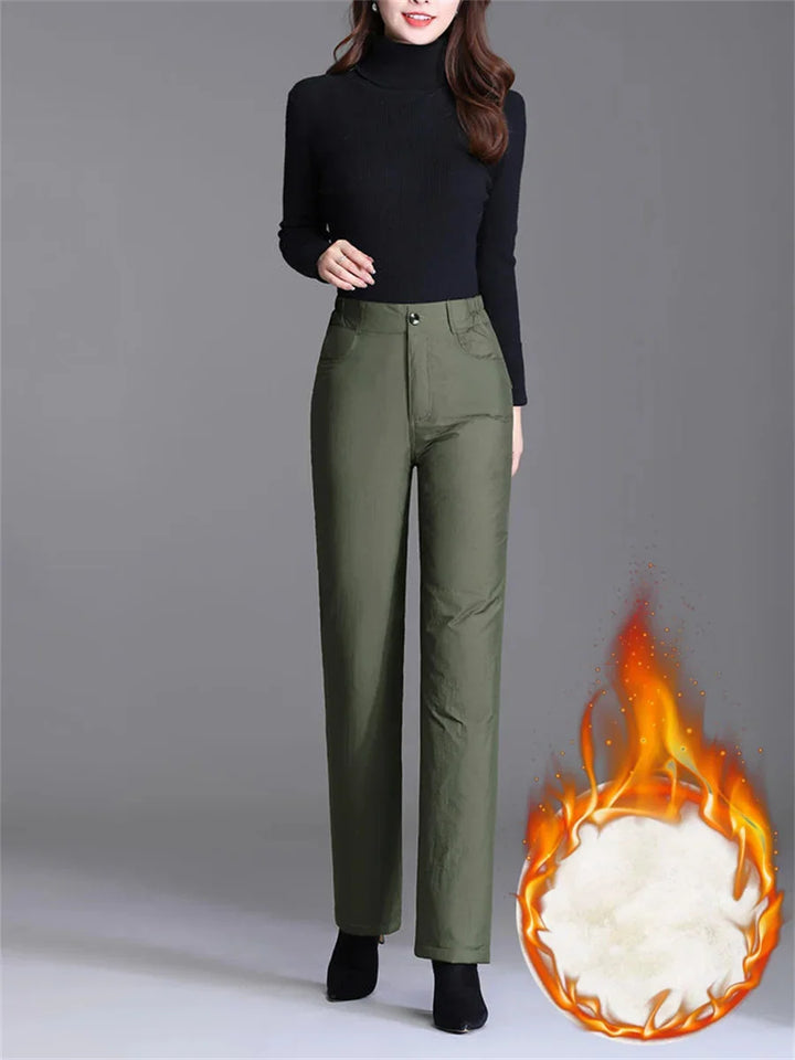 Damen Thermohose, olivgrün, hohe Taille, Wintermode, warm, elegant, bequem, modisch.