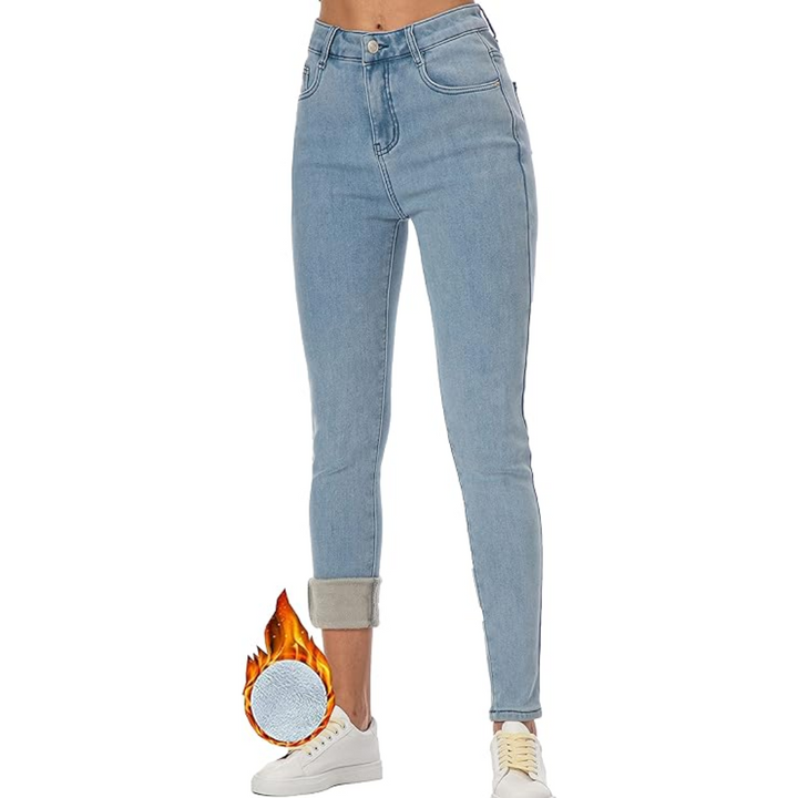 Damen-Jeans, hellblau, High-Waist, Slim-Fit, elastisch, modisch, bequem, mit umgeschlagenem Saum.