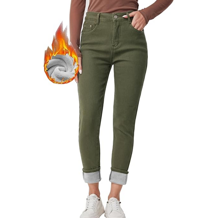 Damen Thermojeans, olivgrün, gefüttert, warm, modisch, Winterkleidung, hohe Taille.