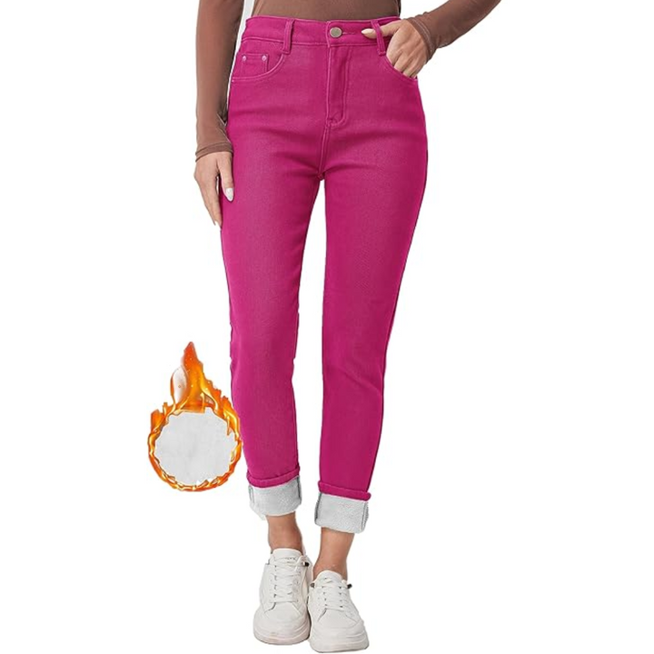 Fuchsia Damenjeans, hoch tailliert, umgeschlagene Beine, Baumwolle, modisch, bequem.