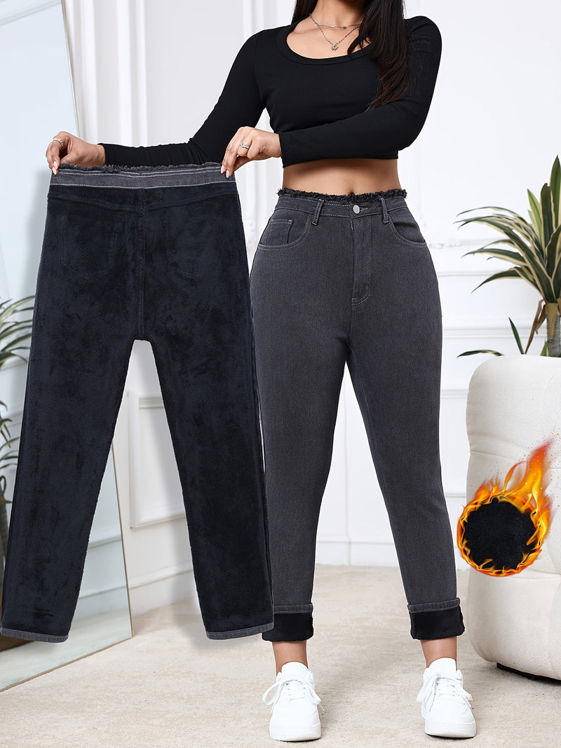 Frau in schwarzem Oberteil hält schwarze Thermohose, graue Jeans, weiße Sneaker, Wohnzimmer.