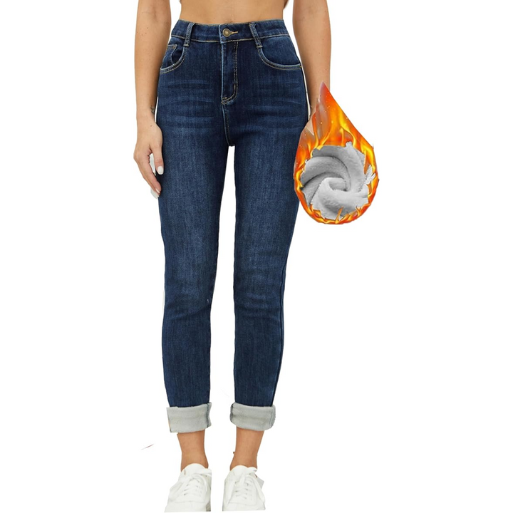 Damen Thermo-Jeans, dunkelblau, gefüttert, warm, modisch, Winterkleidung, bequem, elastisch.