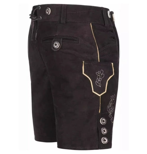 Schwarze Lederhose für Herren mit Stickerei, Knöpfen und Taschen, traditionell bayerisch.