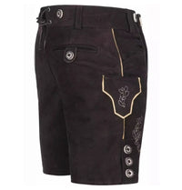 Schwarze Lederhose für Herren mit Stickerei, Knöpfen und Taschen, traditionell bayerisch.