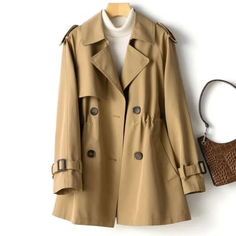 Damen Trenchcoat beige, zweireihig, Gürtel, Herbstmode, eleganter Mantel, klassischer Stil