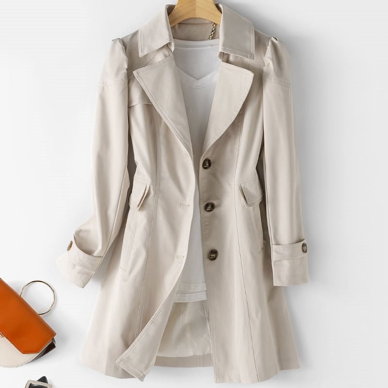 Beige Damen-Trenchcoat aus Baumwolle, klassisch, elegant, ideal für Frühling und Herbst.