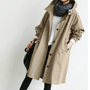 Damen Trenchcoat beige, lang, Baumwolle, Herbstmode, eleganter Mantel, Knopfleiste, Kapuze.