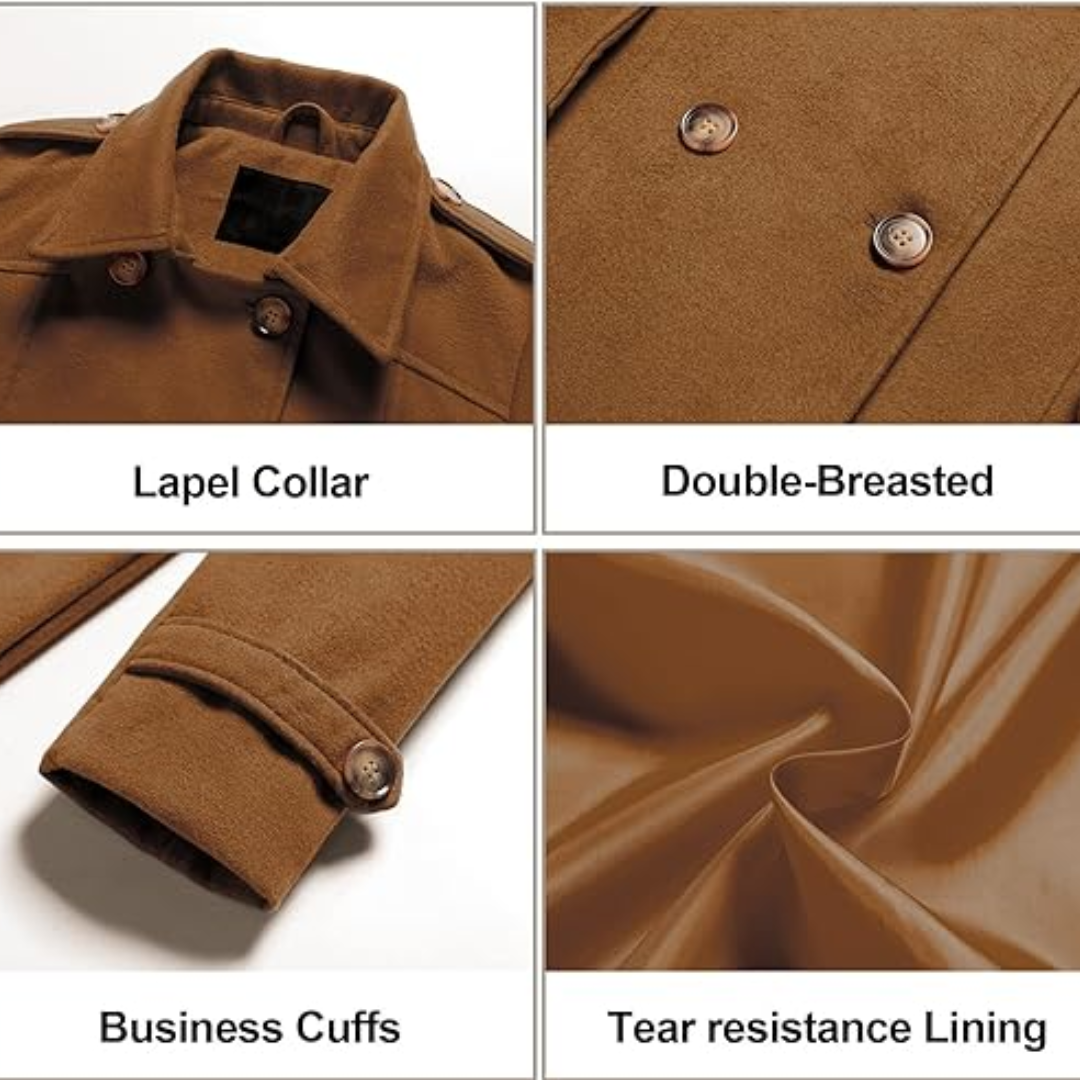 Brauner Trenchcoat, doppelreihig, Reverskragen, Business-Manschetten, reißfestes Futter.