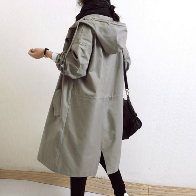 Damen Trenchcoat mit Kapuze, beige, lässig, Herbstmode, lang, Baumwolle, Rückansicht.