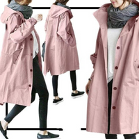 Damen-Trenchcoat rosa, lang, Kapuze, Knöpfe, Herbstmode, stilvoll, lässig, bequem.