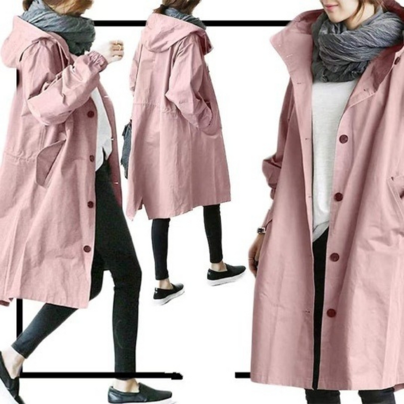 Damen-Trenchcoat rosa, lang, Kapuze, Knöpfe, Herbstmode, stilvoll, lässig, bequem.