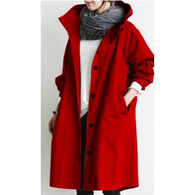 Roter Damen-Trenchcoat mit Kapuze, lang, Baumwolle, modisch, Herbstmode, bequeme Passform.