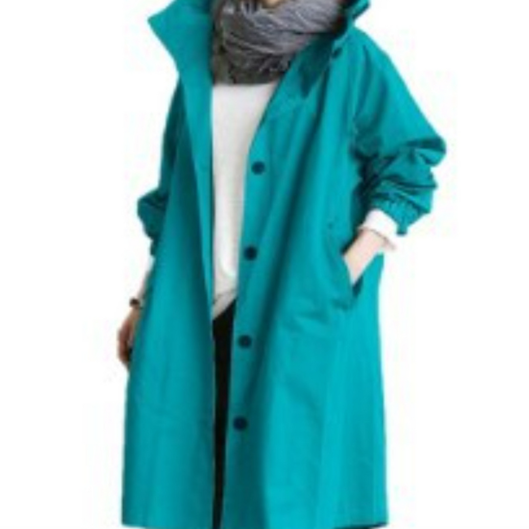 Damen Trenchcoat türkis, lang, Knöpfe, Taschen, modisch, Herbstmode, Baumwolle.