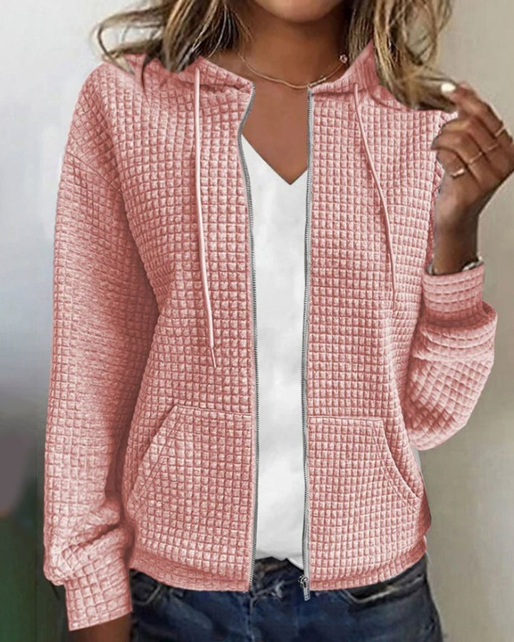 Damen Kapuzenjacke rosa, Waffelstruktur, Reißverschluss, Freizeitmode, Baumwolle, bequem.