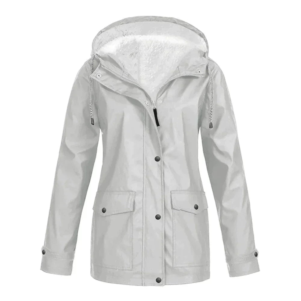 Damen Regenjacke, hellgrau, wasserdicht, Kapuze, Outdoor-Bekleidung, modisch, funktional.
