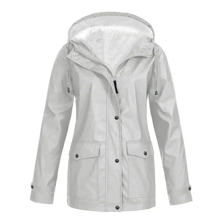 Damen Regenjacke, hellgrau, wasserdicht, Kapuze, Outdoor-Bekleidung, modisch, funktional.