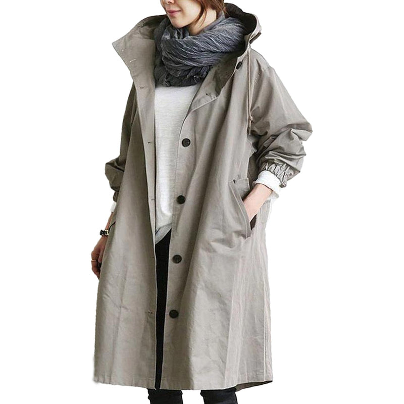 Damen Regenjacke beige, wasserdicht, mit Kapuze, modisch, Outdoor-Bekleidung.
