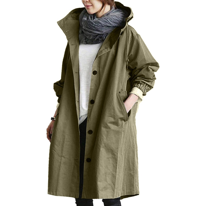 Damen Regenjacke lang olivgrün wasserdicht Kapuze modisch Outdoor-Bekleidung.
