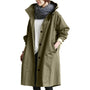 Damen Regenjacke lang olivgrün wasserdicht Kapuze modisch Outdoor-Bekleidung.