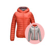 Rote Daunenjacke mit Kapuze, leicht, warm, Damenmode, Winterjacke, Outdoor-Bekleidung.