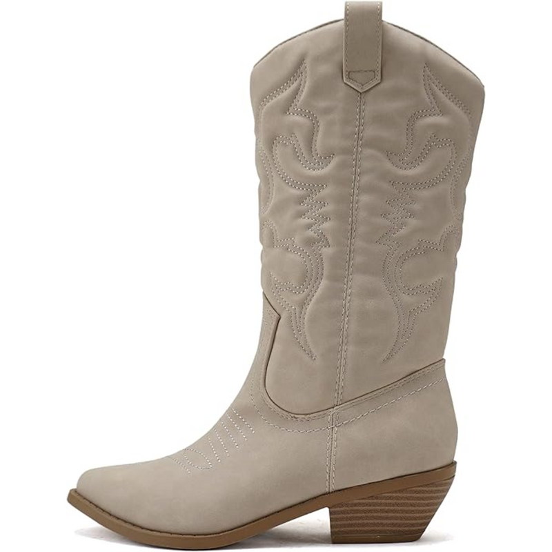 Beige Cowboy-Stiefel aus Leder mit Stickerei, mittlerer Absatz, Western-Design.