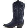 Dunkelblaue Cowboy-Stiefel aus Leder mit Absatz, Western-Design, Damenmode.