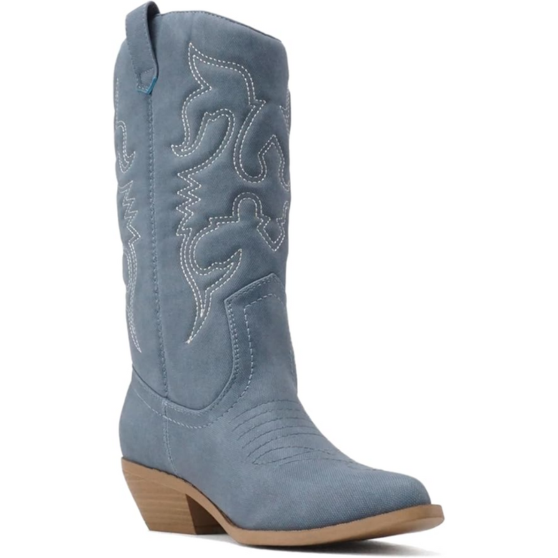 Blaue Cowboystiefel aus Wildleder mit Stickerei, mittlerer Absatz, Westernstil, Damenmode.
