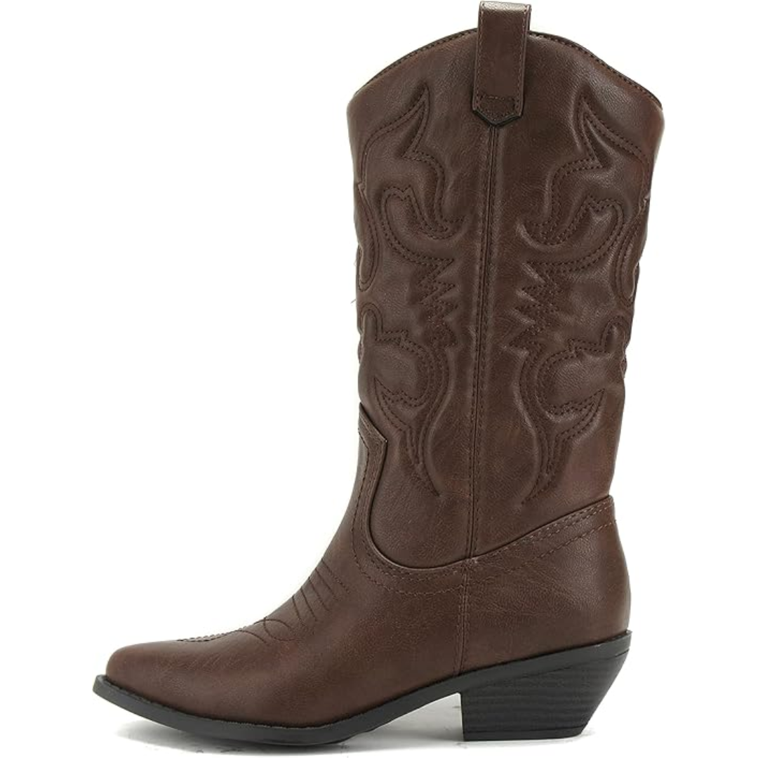 Brauner Cowboy-Stiefel aus Leder mit Absatz, Western-Design, Damenmode, Herbstschuh.