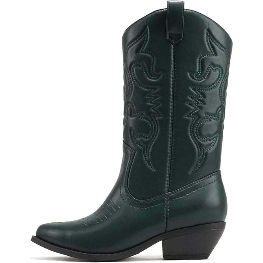 Grüner Cowboystiefel aus Leder mit Absatz, Westernstil, besticktes Design.