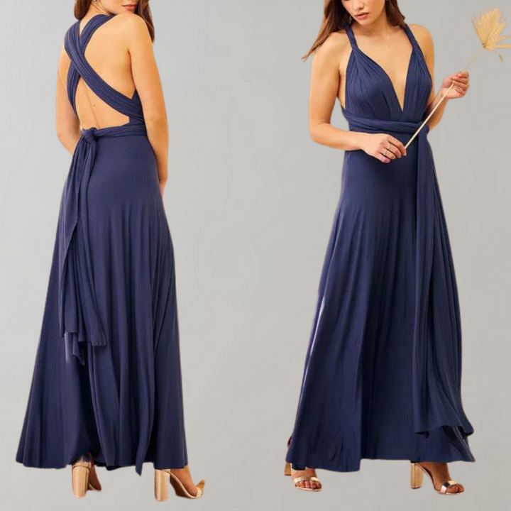 Damen Wickelkleid Blau, festlich, ärmellos, V-Ausschnitt, bodenlang, Hochzeit, elegant.