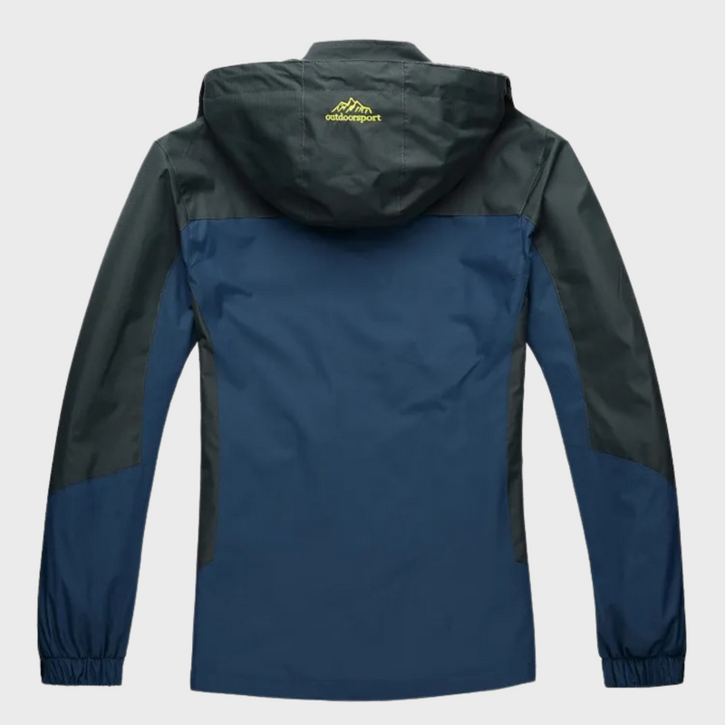 Dunkelblaue Outdoorjacke mit Kapuze, wasserabweisend, für Herren, Rückansicht.