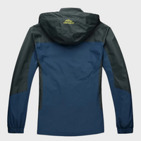 Dunkelblaue Outdoorjacke mit Kapuze, wasserabweisend, für Herren, Rückansicht.