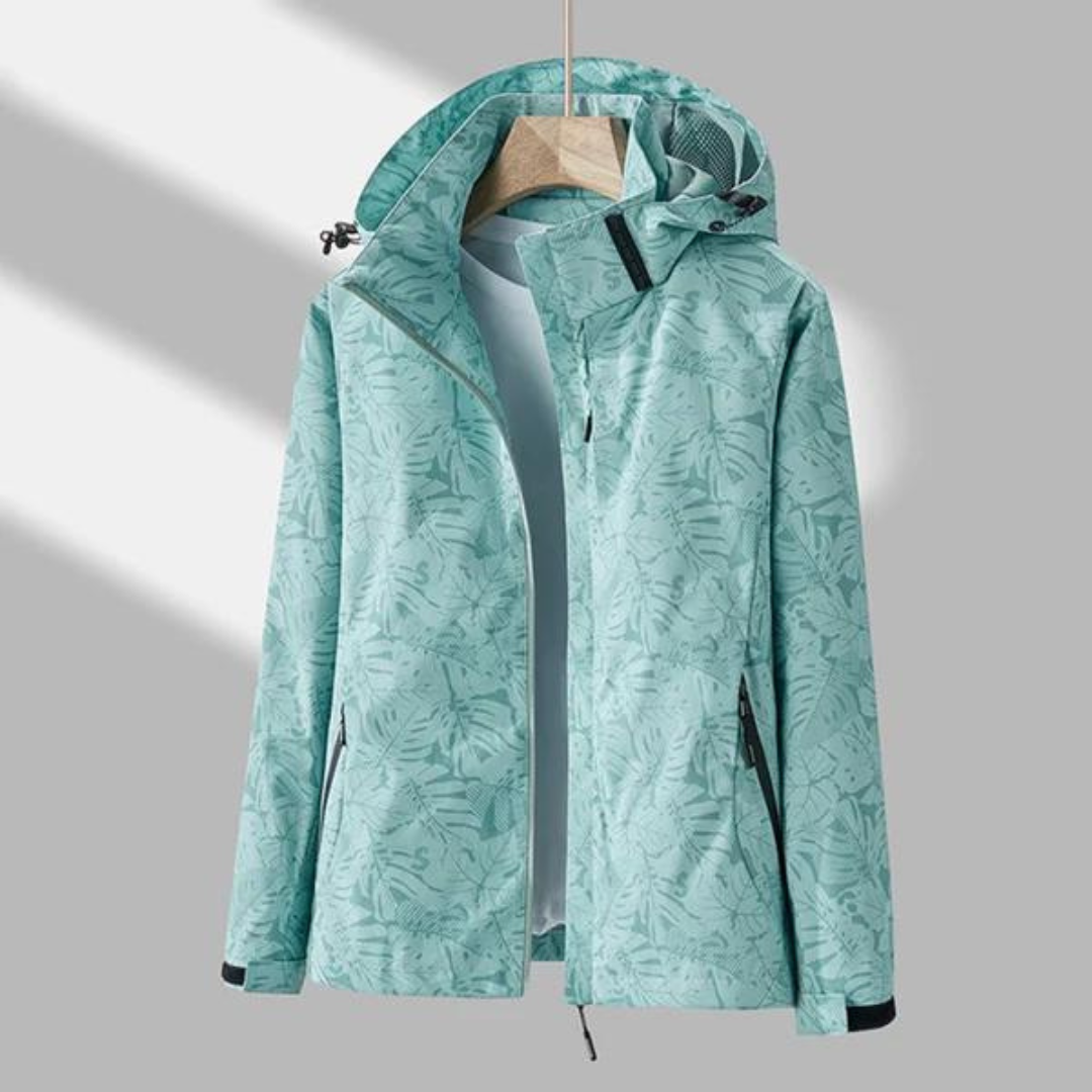 Damen Outdoorjacke, mintgrün, wasserabweisend, mit Kapuze, florales Muster, Freizeitkleidung.