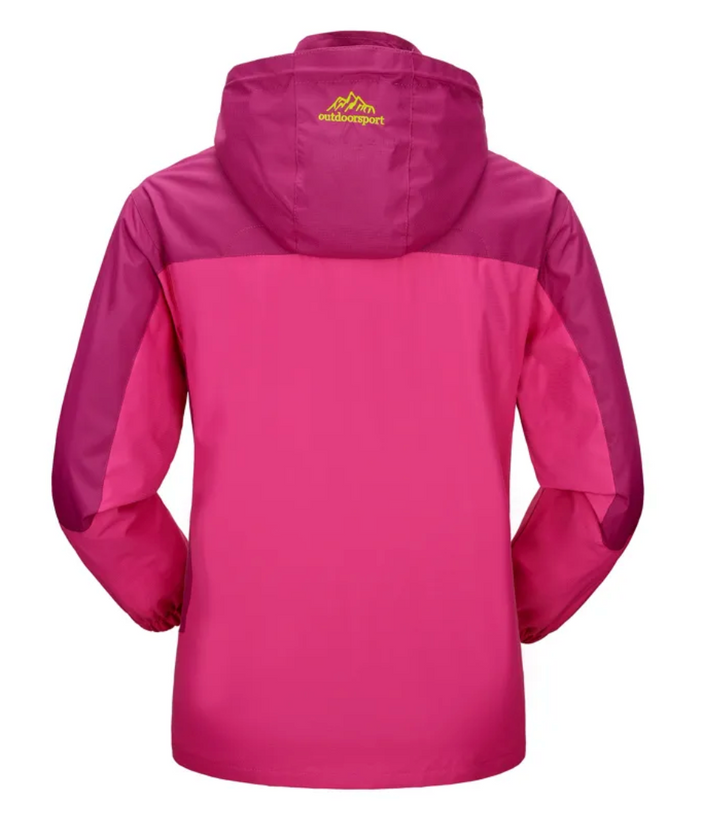Damen Outdoorjacke pink, wasserabweisend, Kapuze, atmungsaktiv, ideal für Wandern und Trekking.